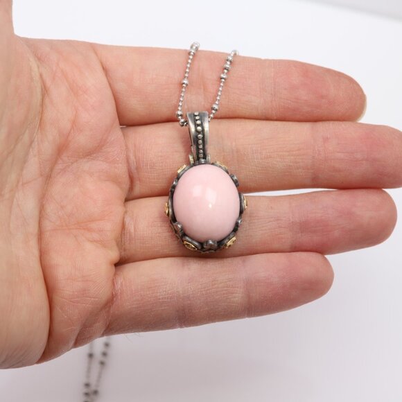 Vintage Pink Opal Pendant in Sterling Silver and 18k Gold with Natural Tourmalin - Picture 7 of 9
